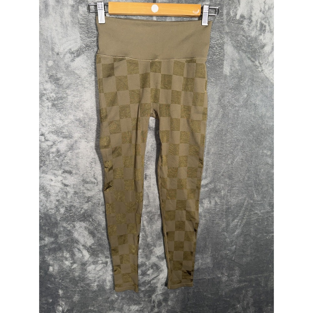 Good American Womens Leggings Size 1/2 Olive Green Checkerboard Seamless Ribbed
